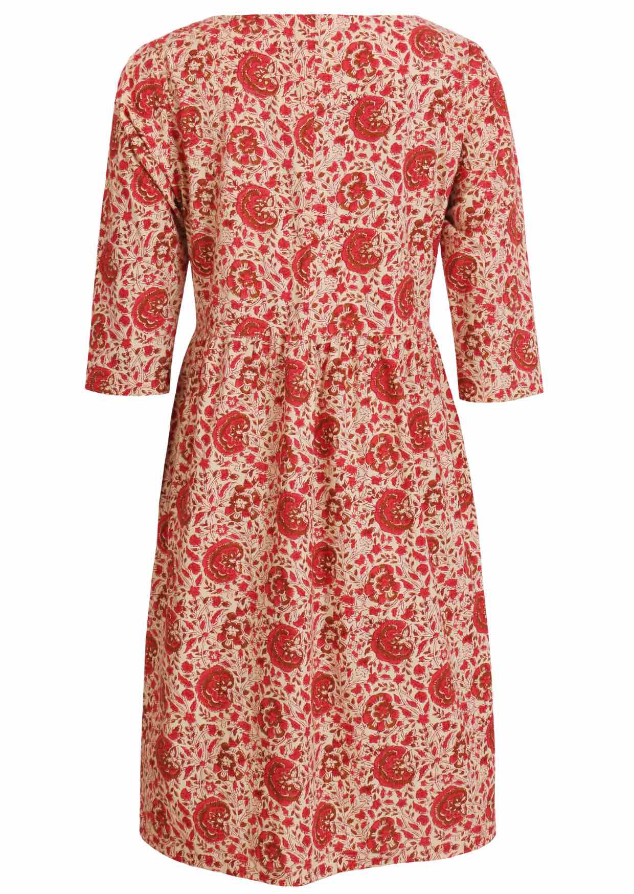 Back image of beautiful floral printed, midlength cotton dress with 3/4 sleeves and pockets.