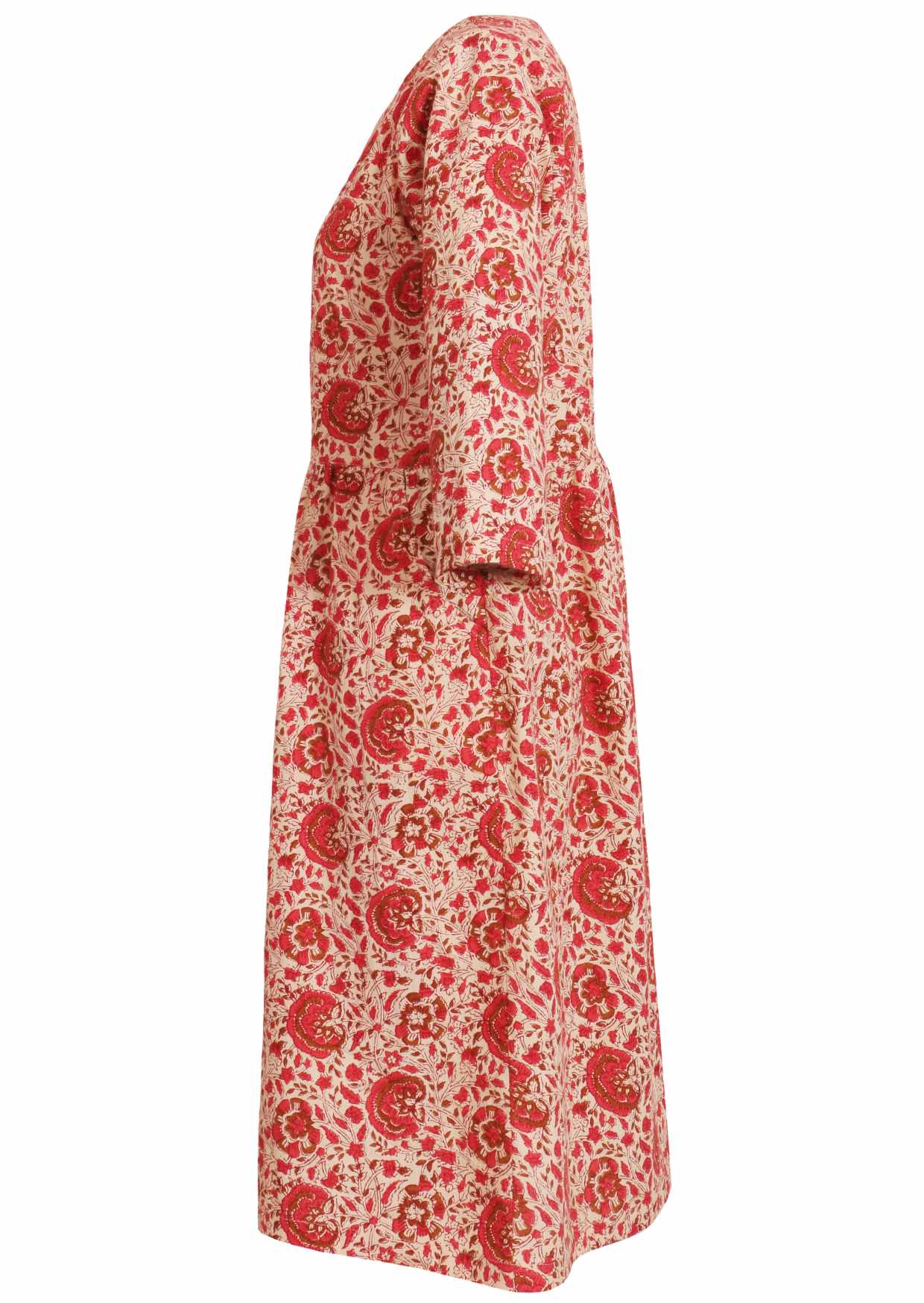 100% cotton knee length dress with pockets, 3/4 sleeves and  pinkish floral print on cream base.