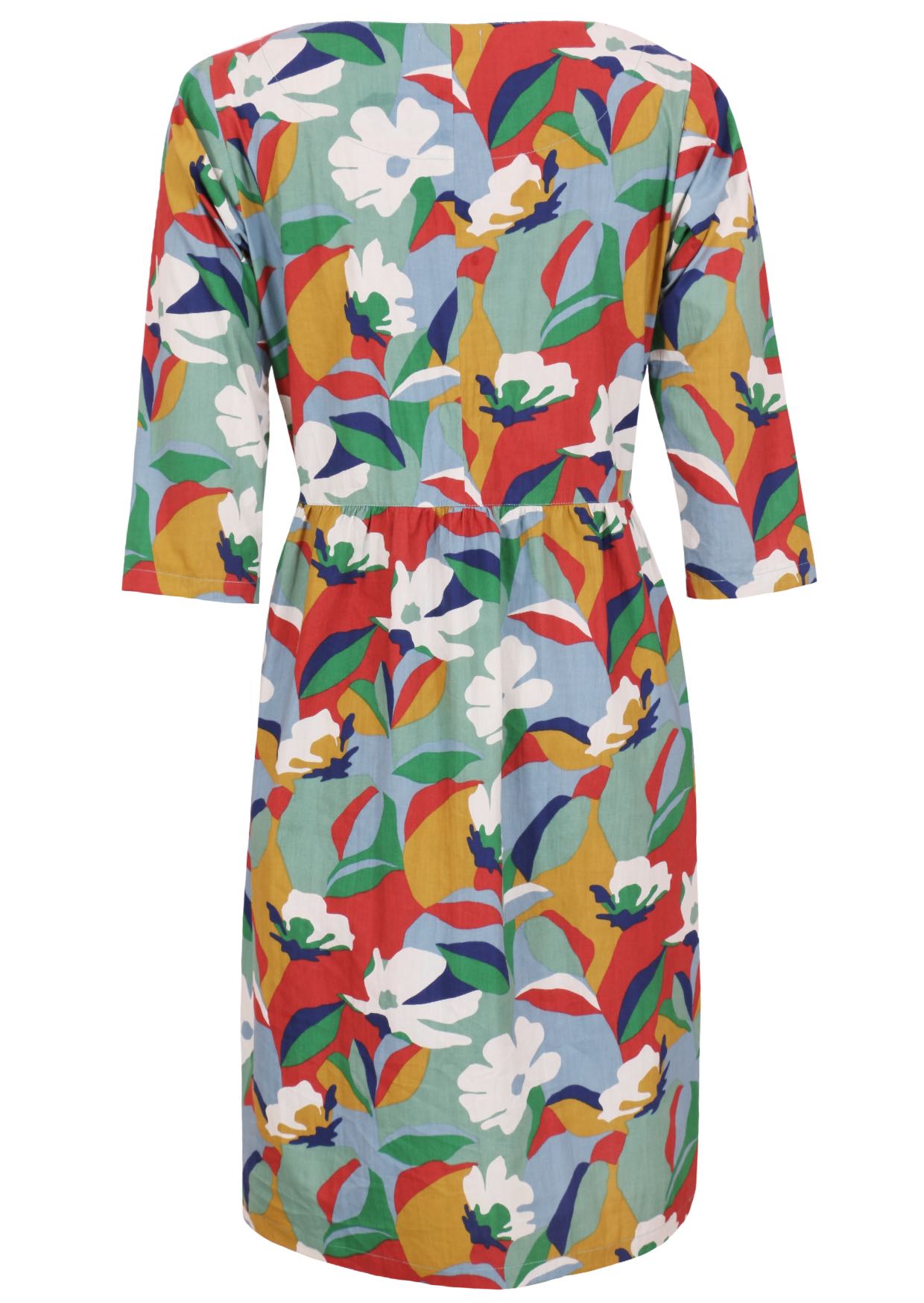 Back image of beautiful floral printed, midlength cotton dress with 3/4 sleeves and pockets.