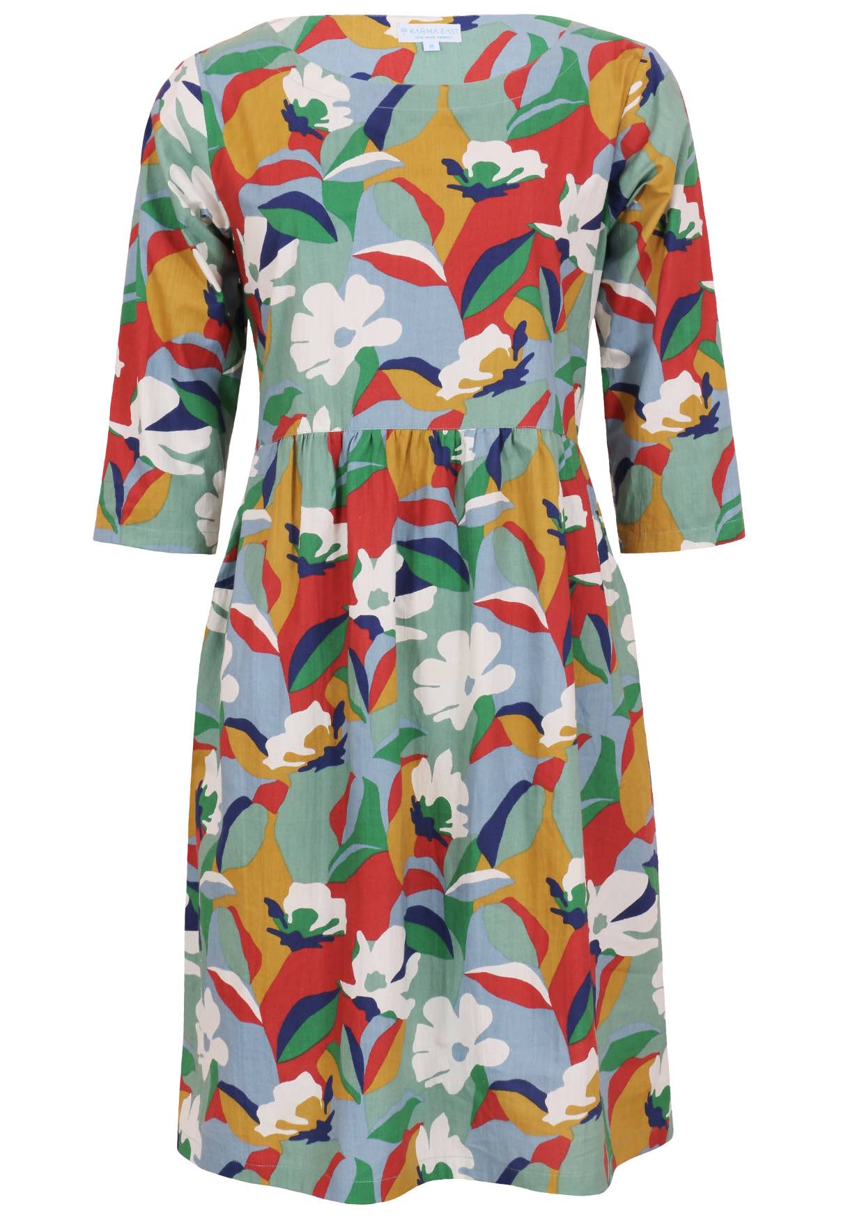 Front view of knee length cotton dress with wide round neckline and 3/4 sleeves.