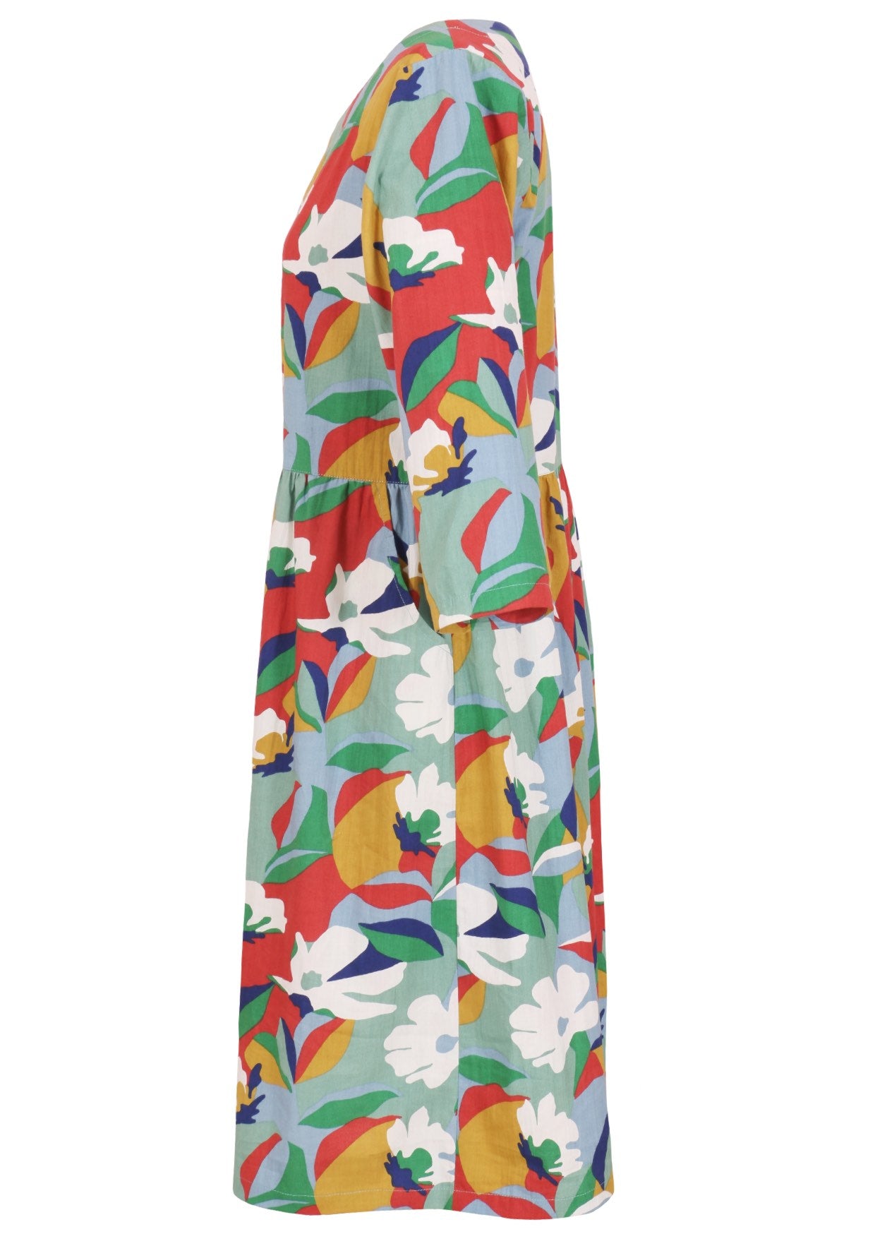 Side view of 100% cotton knee length dress with pockets, 3/4 sleeves 