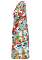 Side view of 100% cotton knee length dress with pockets, 3/4 sleeves 