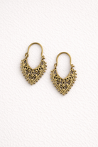 Pair of gold coloured heart-shaped earrings on a white background