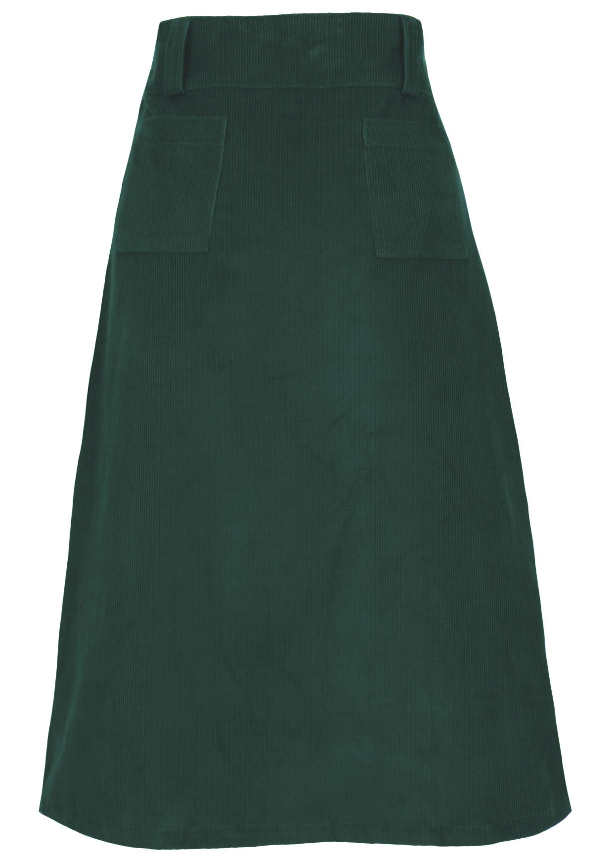 Back view of green A-line midi length cotton corduroy skirt with belt loops and back pockets