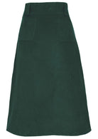 Back view of green A-line midi length cotton corduroy skirt with belt loops and back pockets