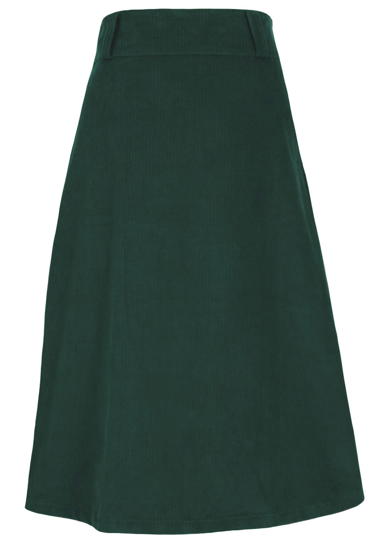 Green A-line midi length cotton corduroy skirt with belt loops