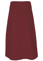 Back view of cabernet red cotton corduroy A-line midi length skirt with belt loops and back pockets