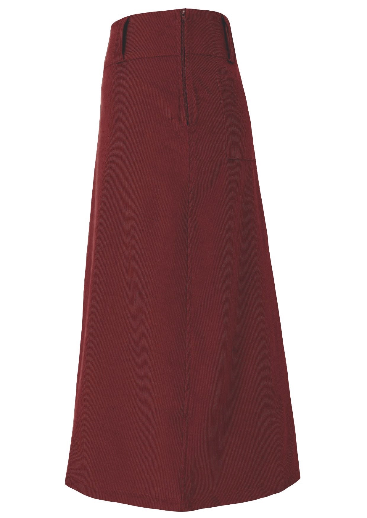 Side view of cabernet red cotton corduroy A-line midi length skirt with belt loops and side zip