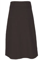 Back view of chocolate brown cotton corduroy A-line skirt with back pockets