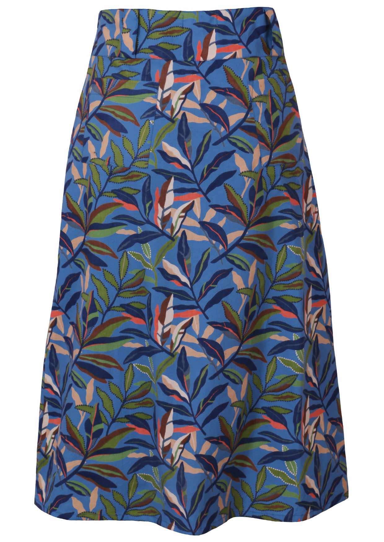 image of blue cotton skirt with leaf print back view