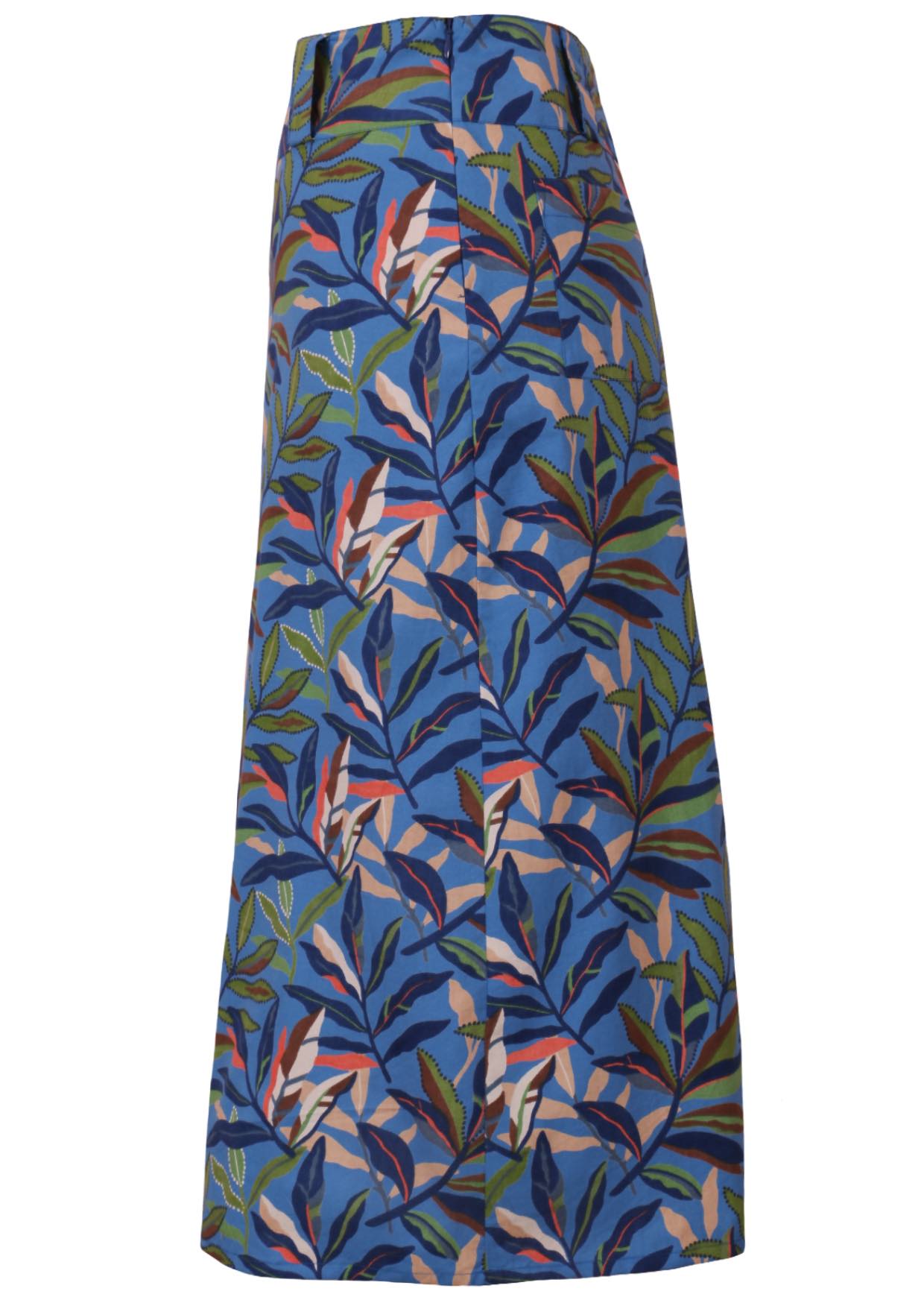 image of blue cotton skirt with leaf print side view