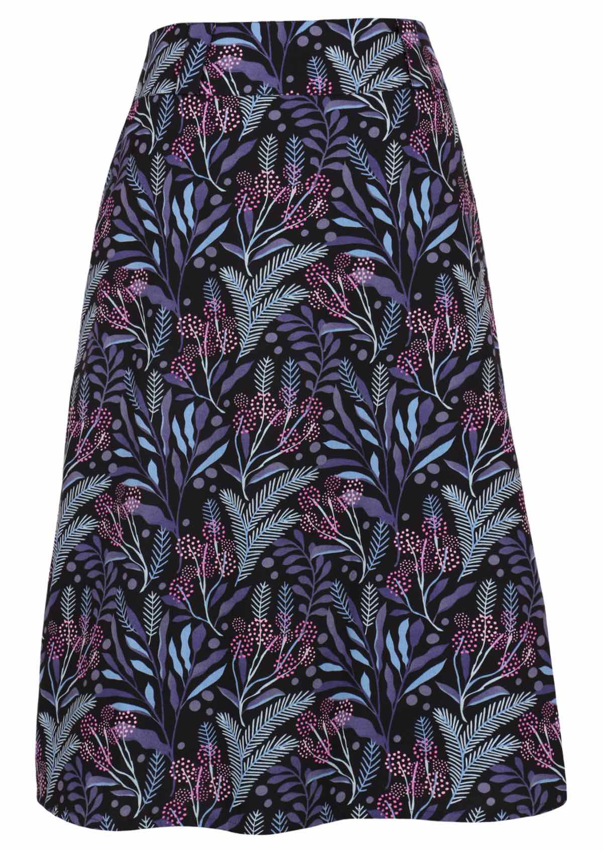 Cotton skirt with black base botanical print in blues and pinks