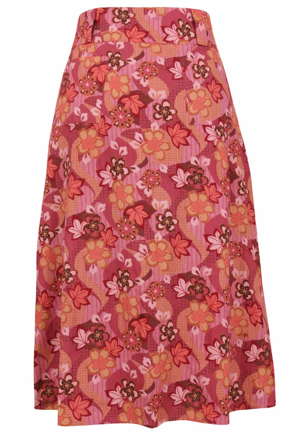Japanese-style print cotton belt loop skirt in pink, maroon, brown, peach, and khaki tones.