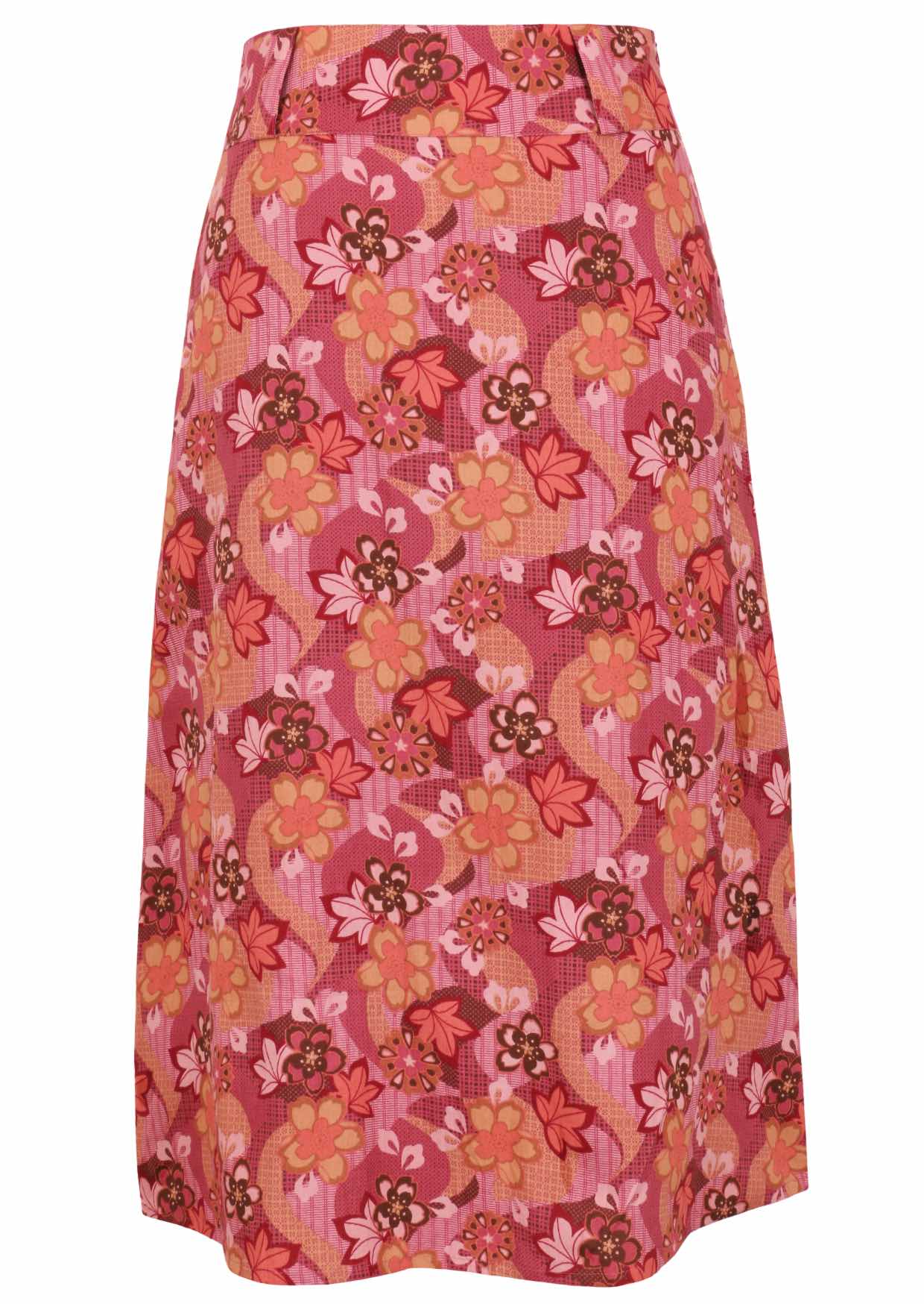 Japanese-style print cotton A-line skirt in pink, maroon, brown, peach, and khaki tones.