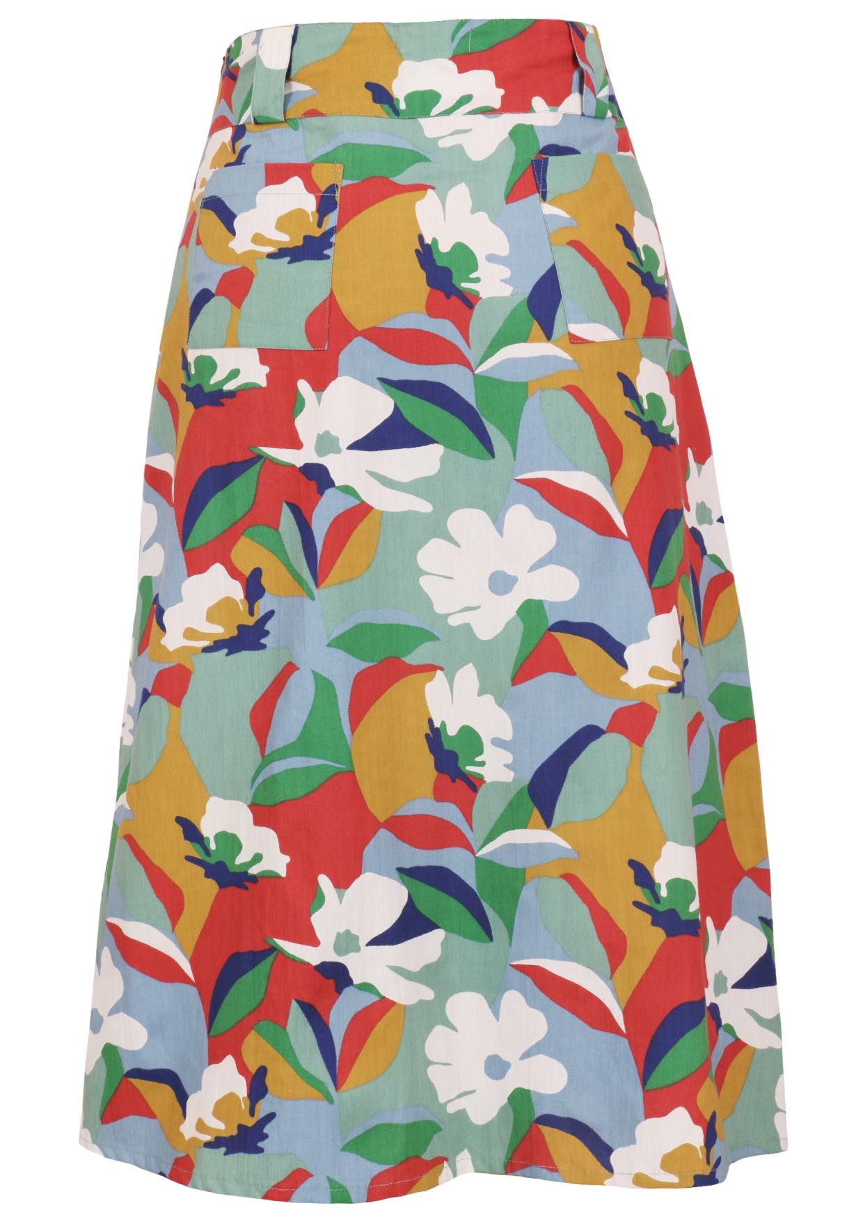 Back view of colorful floral patterned skirt on a white background