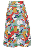 Back view of colorful floral patterned skirt on a white background