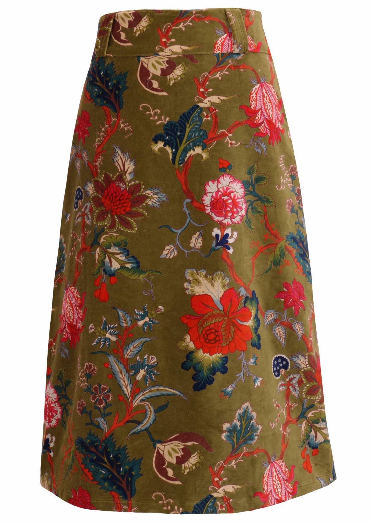 Cotton velvet midi length A-line skirt with belt loops, in multi-coloured Jacobean floral print on a moss green base