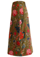 Side view of cotton velvet midi length A-line skirt with side zip, in multi-coloured Jacobean floral print on a moss green base