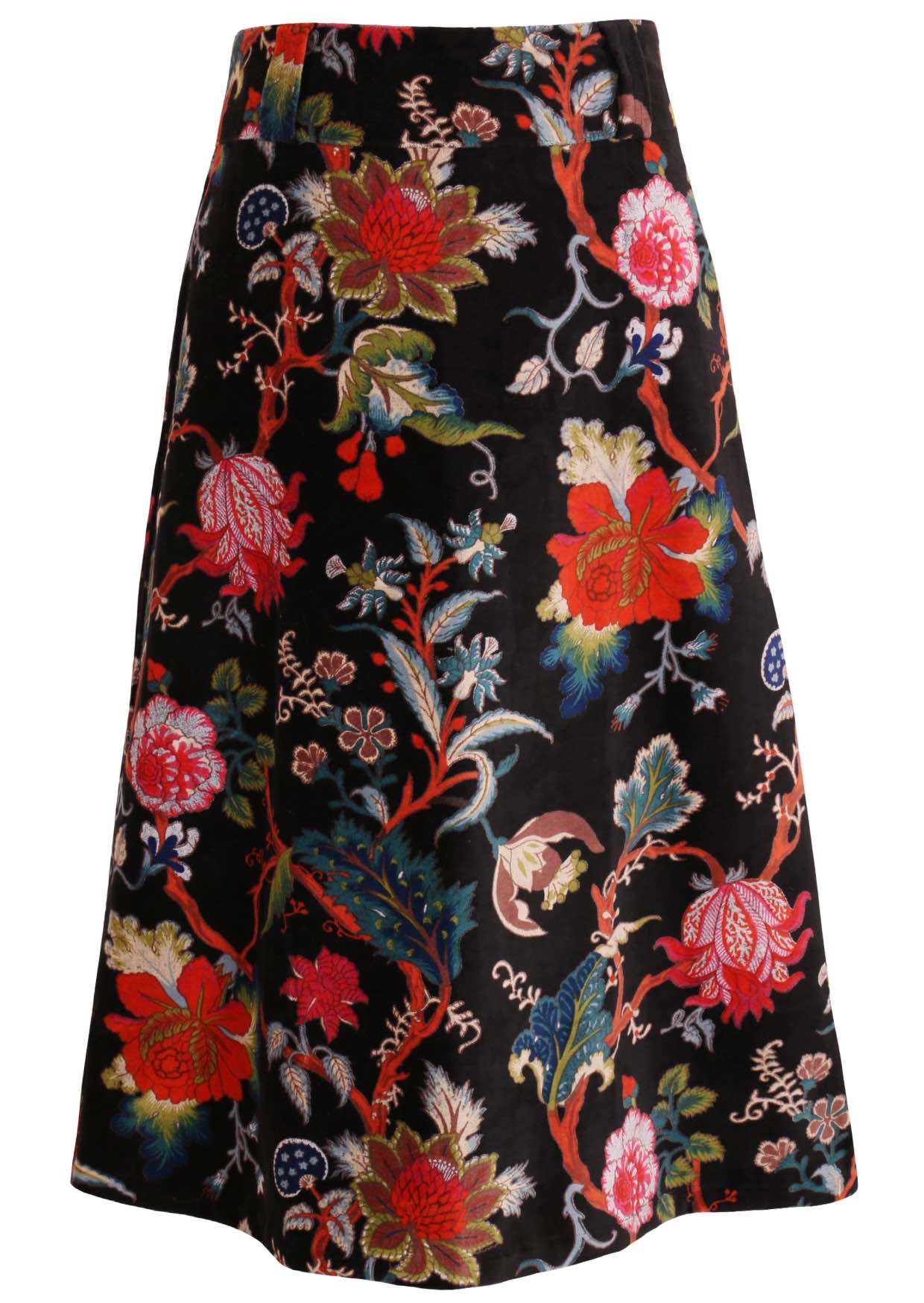 Cotton velvet midi length A-line skirt with belt loops, in multi-coloured Jacobean floral print on a black base
