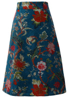 Cotton velvet midi length A-line skirt with belt loops, in multi-coloured Jacobean floral print on a teal base