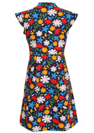 100 percent cotton dark navy blue base and bright abstract floral print cotton retro dress back 