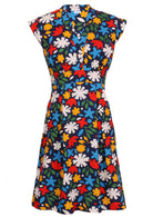 100 percent cotton dark navy blue base and bright abstract floral print cotton retro dress front