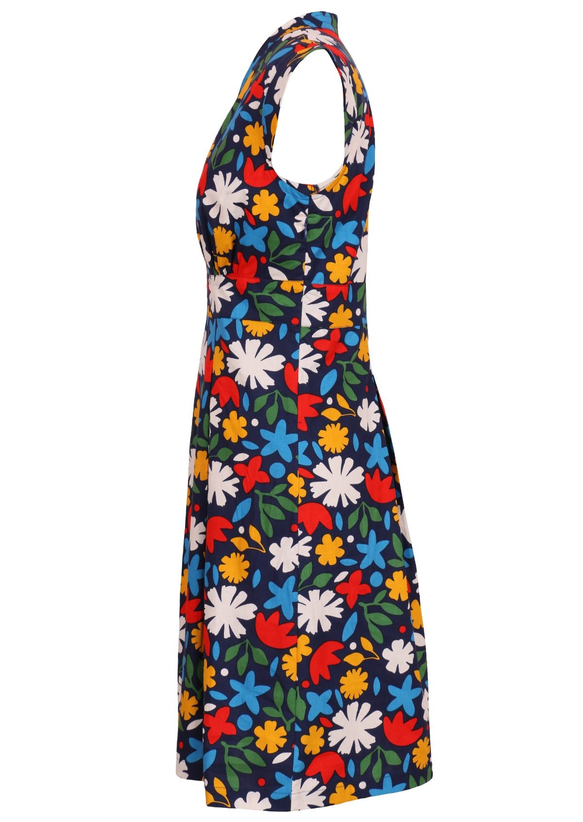 100 percent cotton dark navy blue base and bright abstract floral print cotton retro dress side 