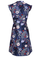 Back mannequin photo of cotton retro blue based floral in grey, white, red and blues