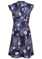 Front mannequin photo of cotton retro blue based floral in grey, white, red and blues