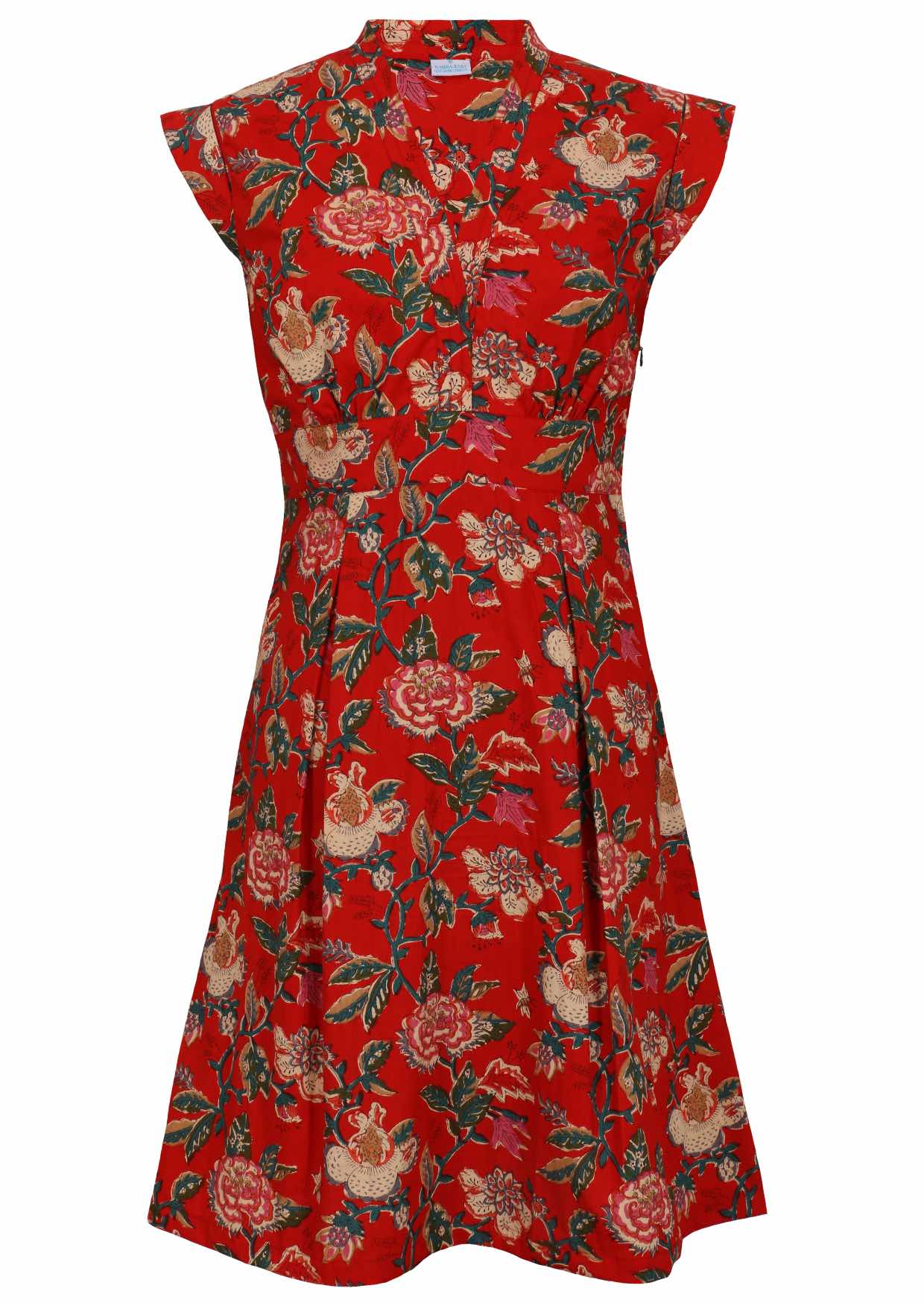 100% cotton retro style knee length dress with box pleats, cap sleeves and V neckline.