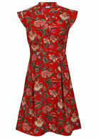 100% cotton retro style knee length dress with box pleats, cap sleeves and V neckline.