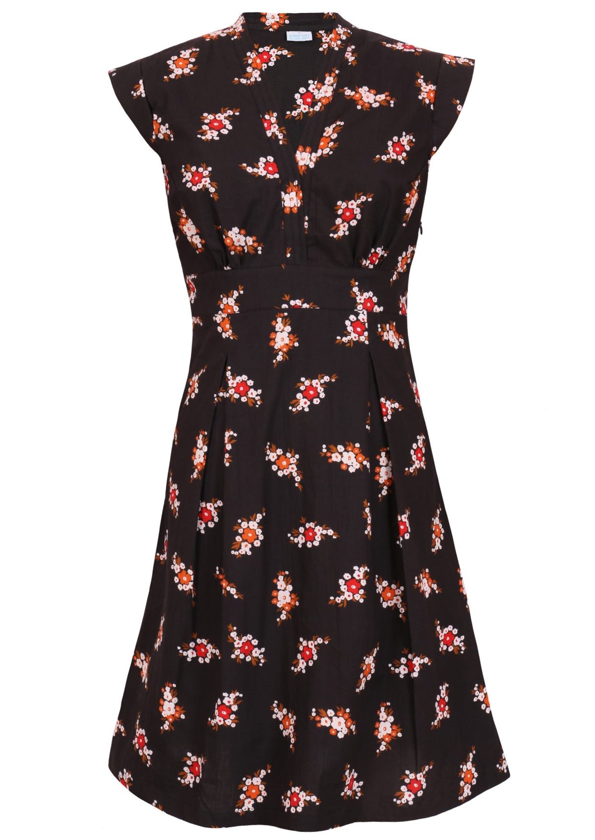 100% cotton retro style knee length dress with box pleats, cap sleeves and V neckline.