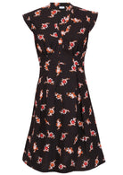 100% cotton retro style knee length dress with box pleats, cap sleeves and V neckline.