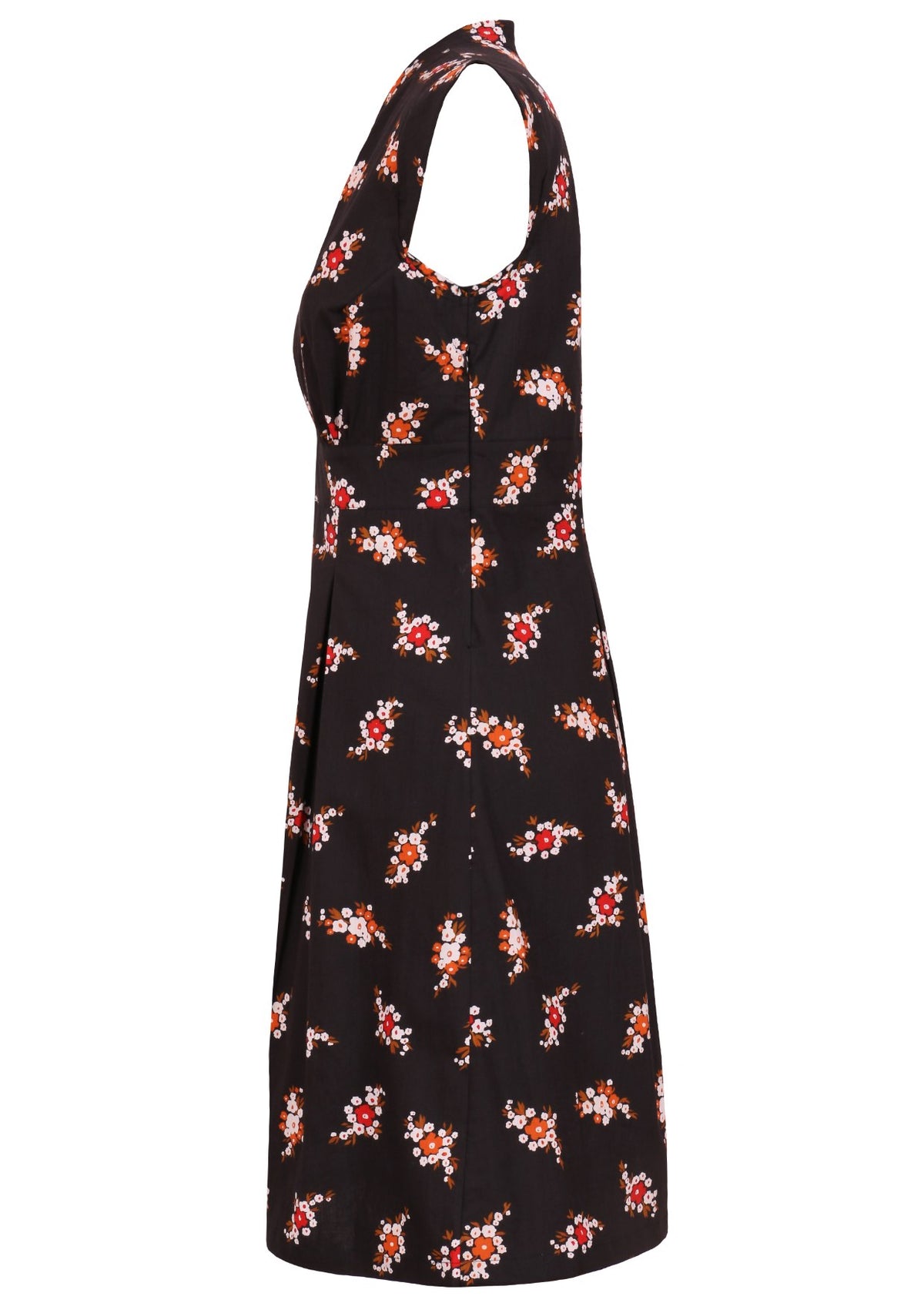 Retro style cotton dress with side zipper, cap sleeves and A line skirt in black based floral print