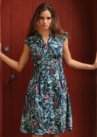 Cotton retro dress with modest V-neckline and cap sleeves