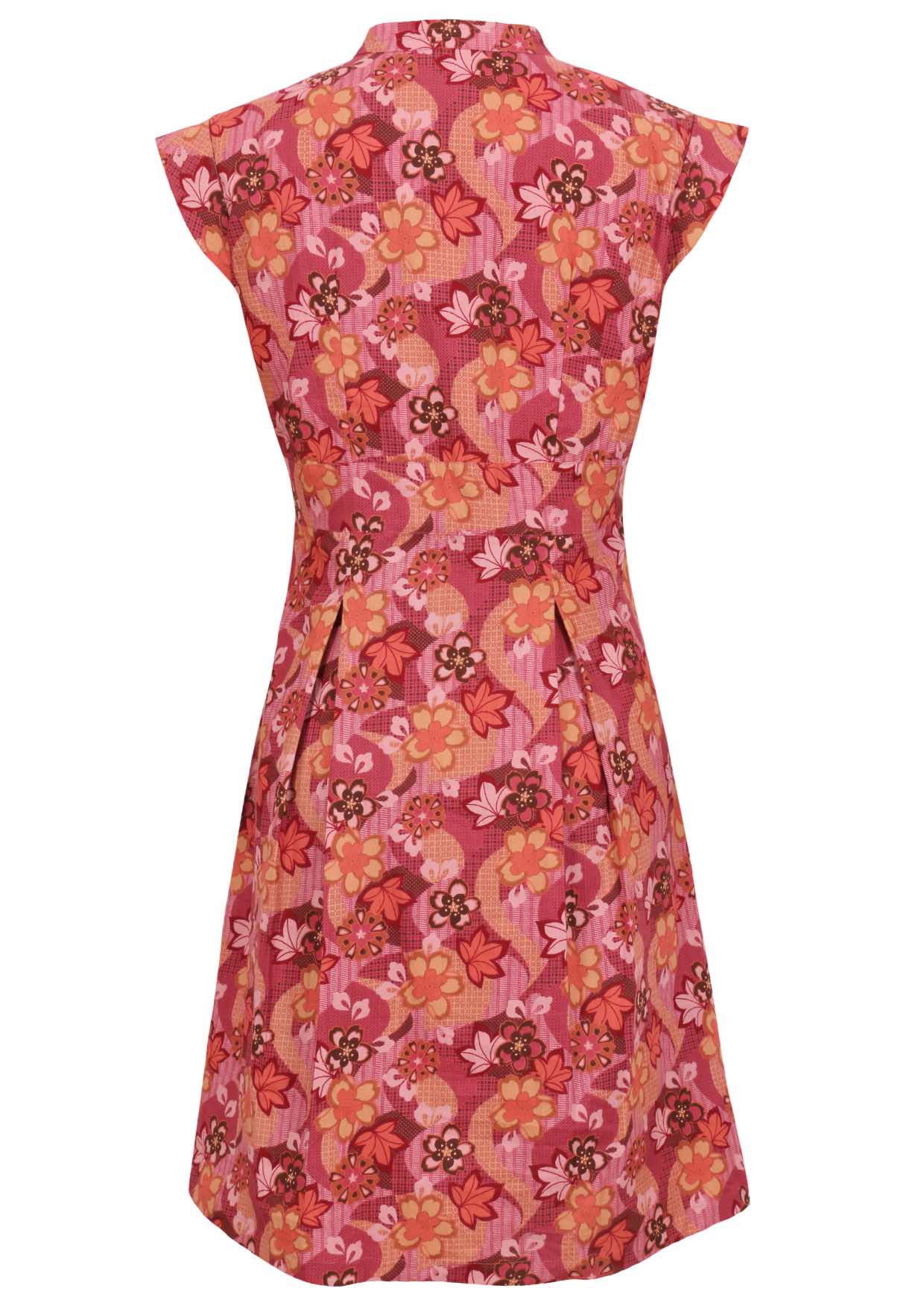 Cap sleeves cotton dress with Japanese-style print in pink, maroon, brown, peach, and khaki tones.