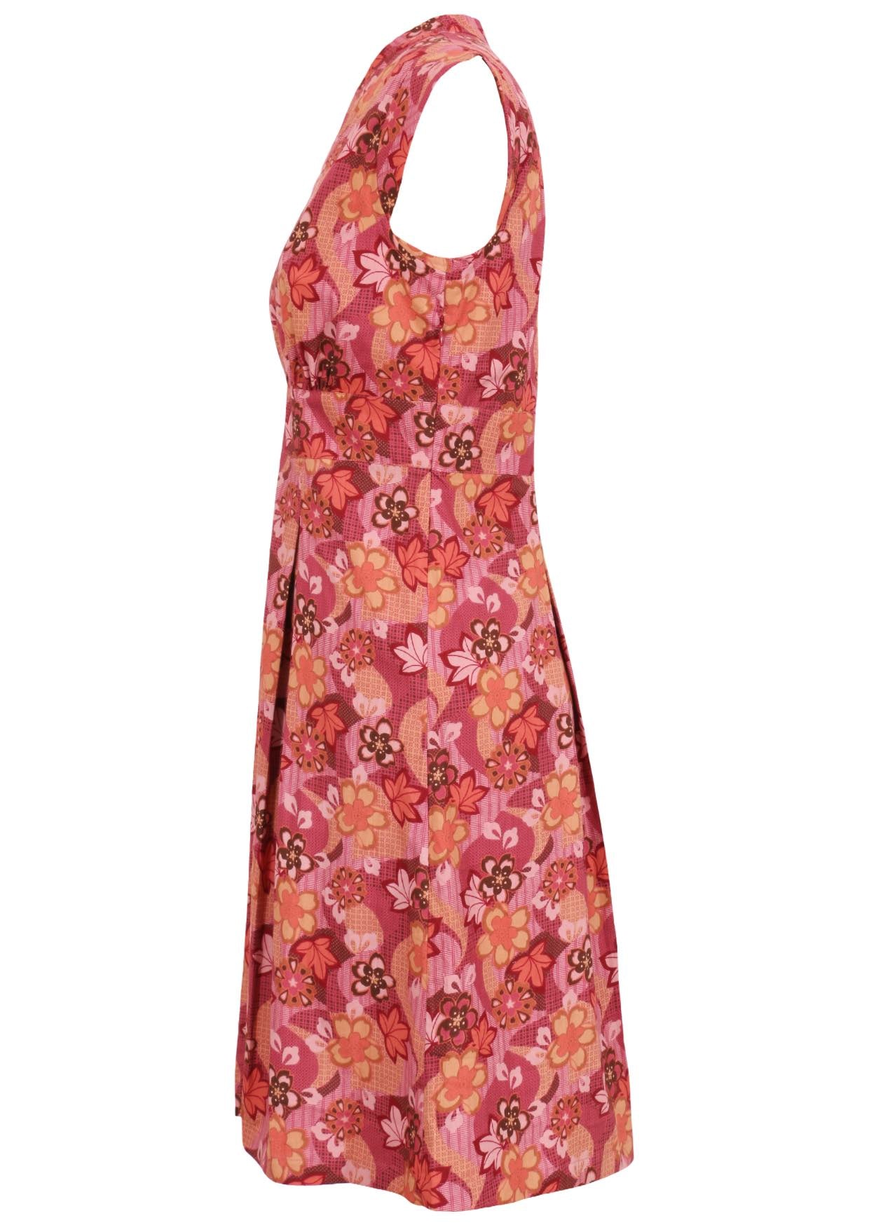 Cotton dress with side zip in Japanese-style print in pink, maroon, brown, peach, and khaki tones.