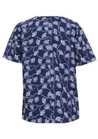 Back of navy based floral print cotton relaxed fit top with short sleeves