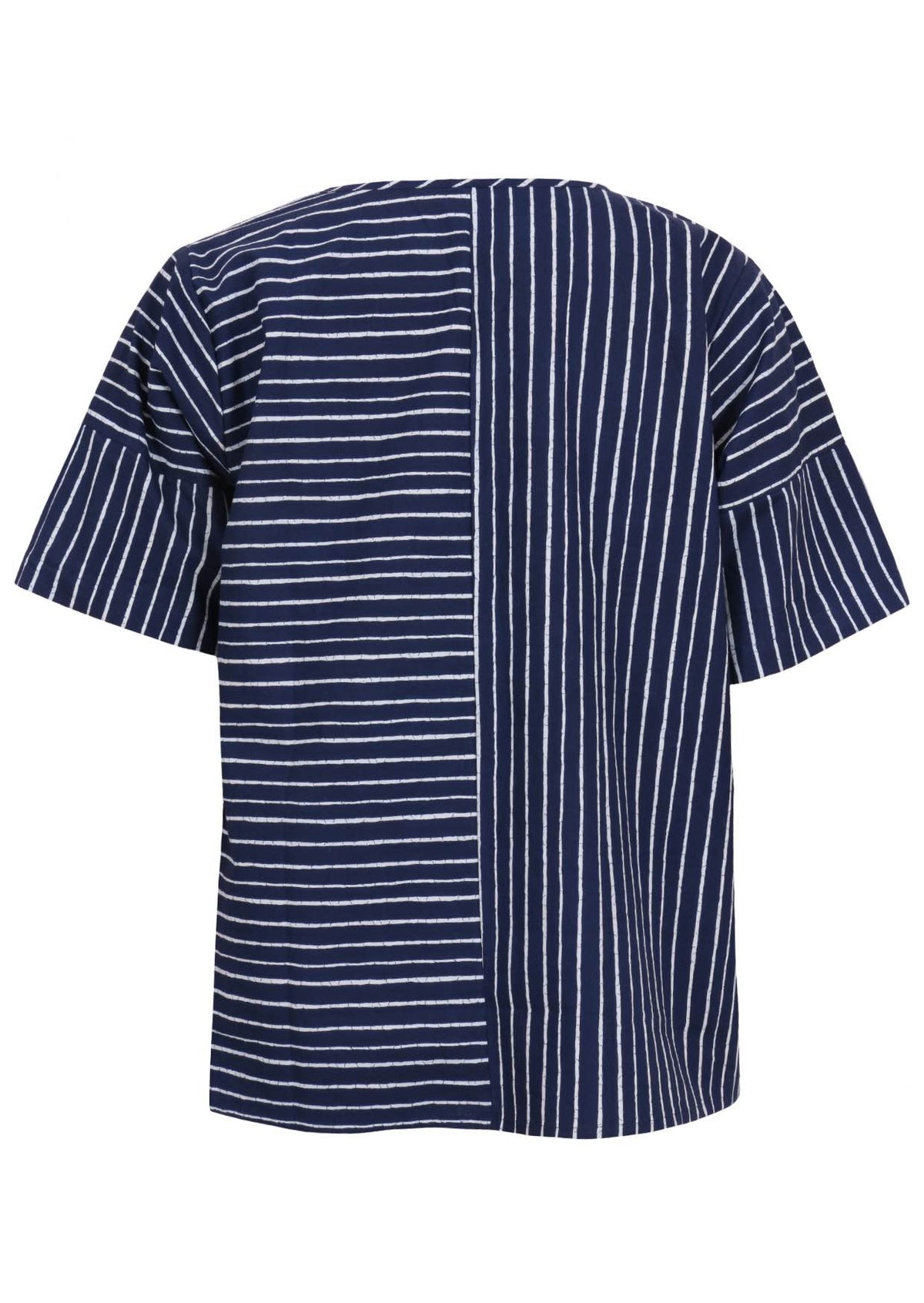 Back of navy and white striped cotton relaxed fit top with short sleeves