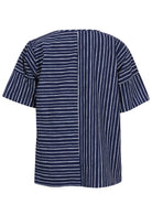 Back of navy and white striped cotton relaxed fit top with short sleeves