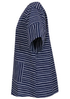 Side of navy and white striped cotton relaxed fit top with short sleeves and front pockets