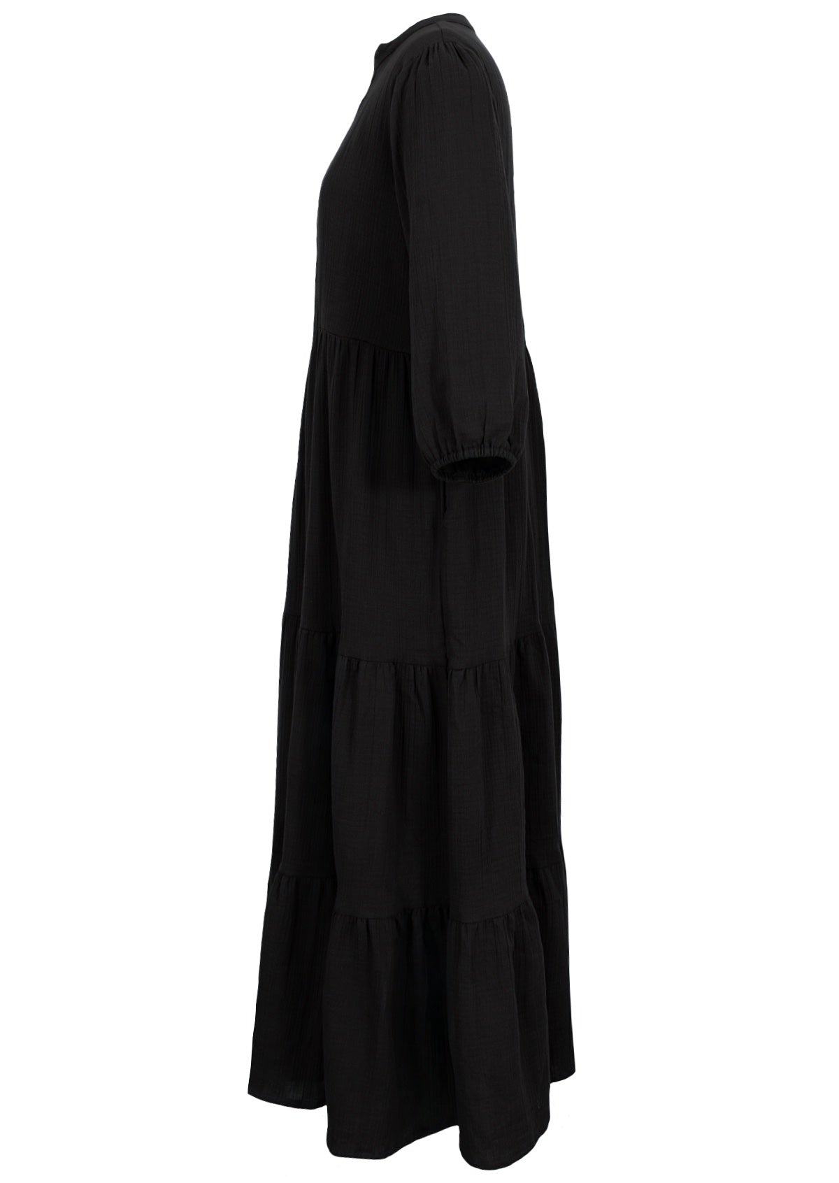 Black 100% cotton double layer of gauze boho tiered maxi dress with hidden side pockets