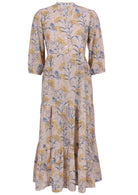 100% neutral based floral three tiered flowy maxi dress with buttoned bodice, 3/4 sleeves and mandarin collar 
