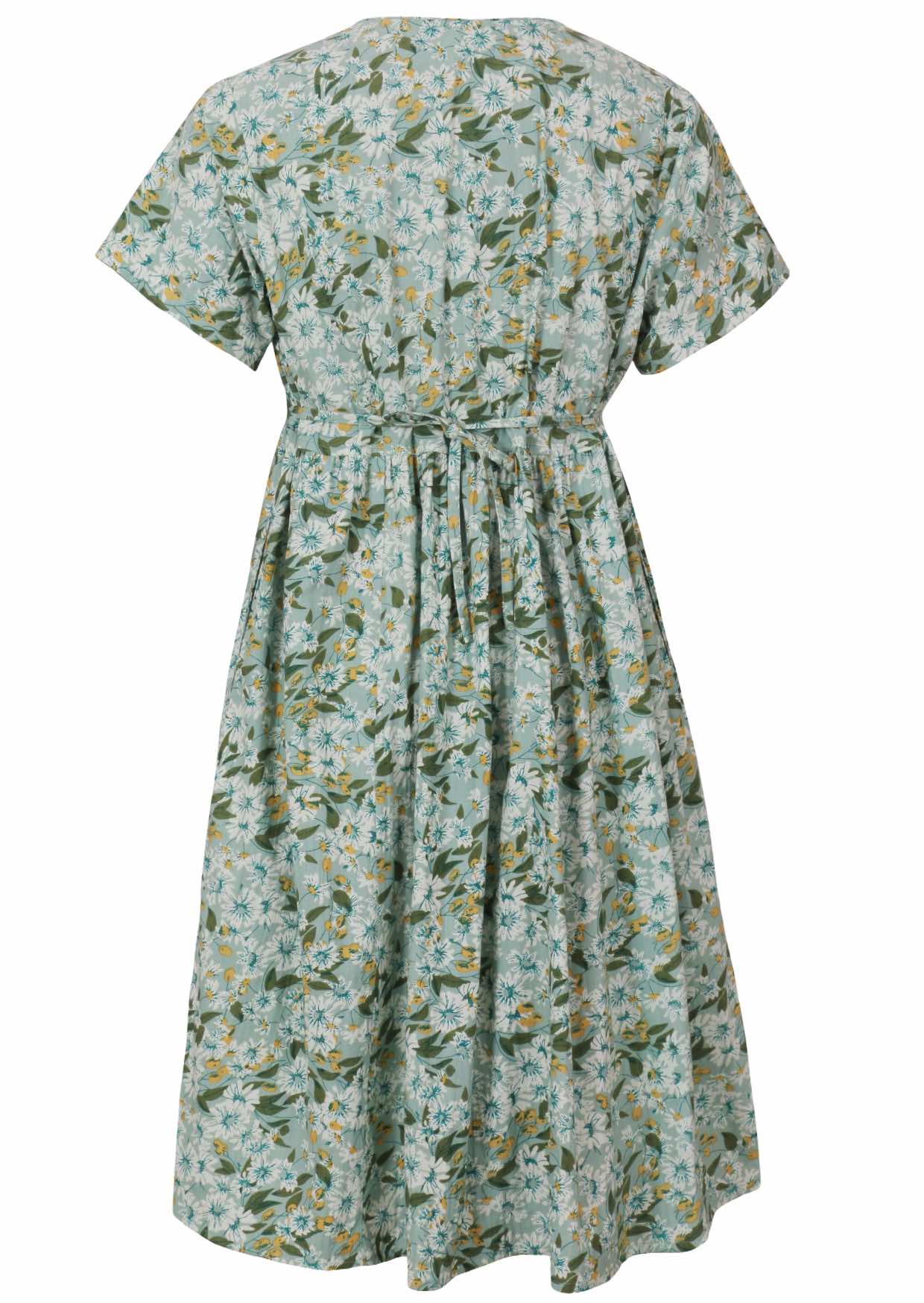 Back view of a pale mint green based floral cotton button through dress with short sleeves and shoestring waist ties
