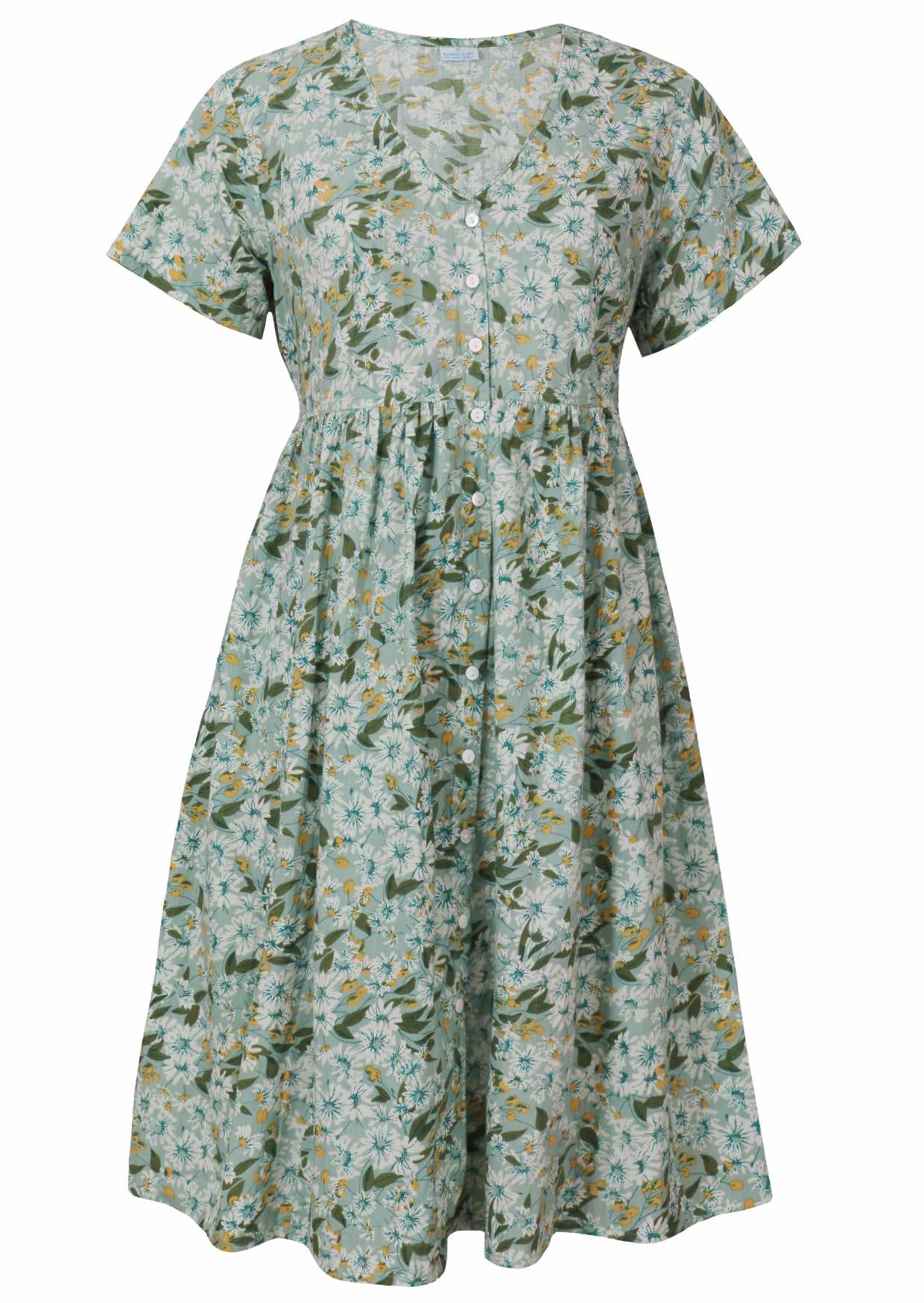 Pale mint green based floral cotton button through dress with short sleeves and a V-neckline