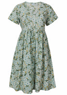 Pale mint green based floral cotton button through dress with short sleeves and a V-neckline