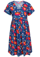 Royal blue based floral cotton button through dress with short sleeves and a V-neckline