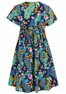 Back view of a navy blue based floral cotton button through dress with short sleeves and shoestring waist ties