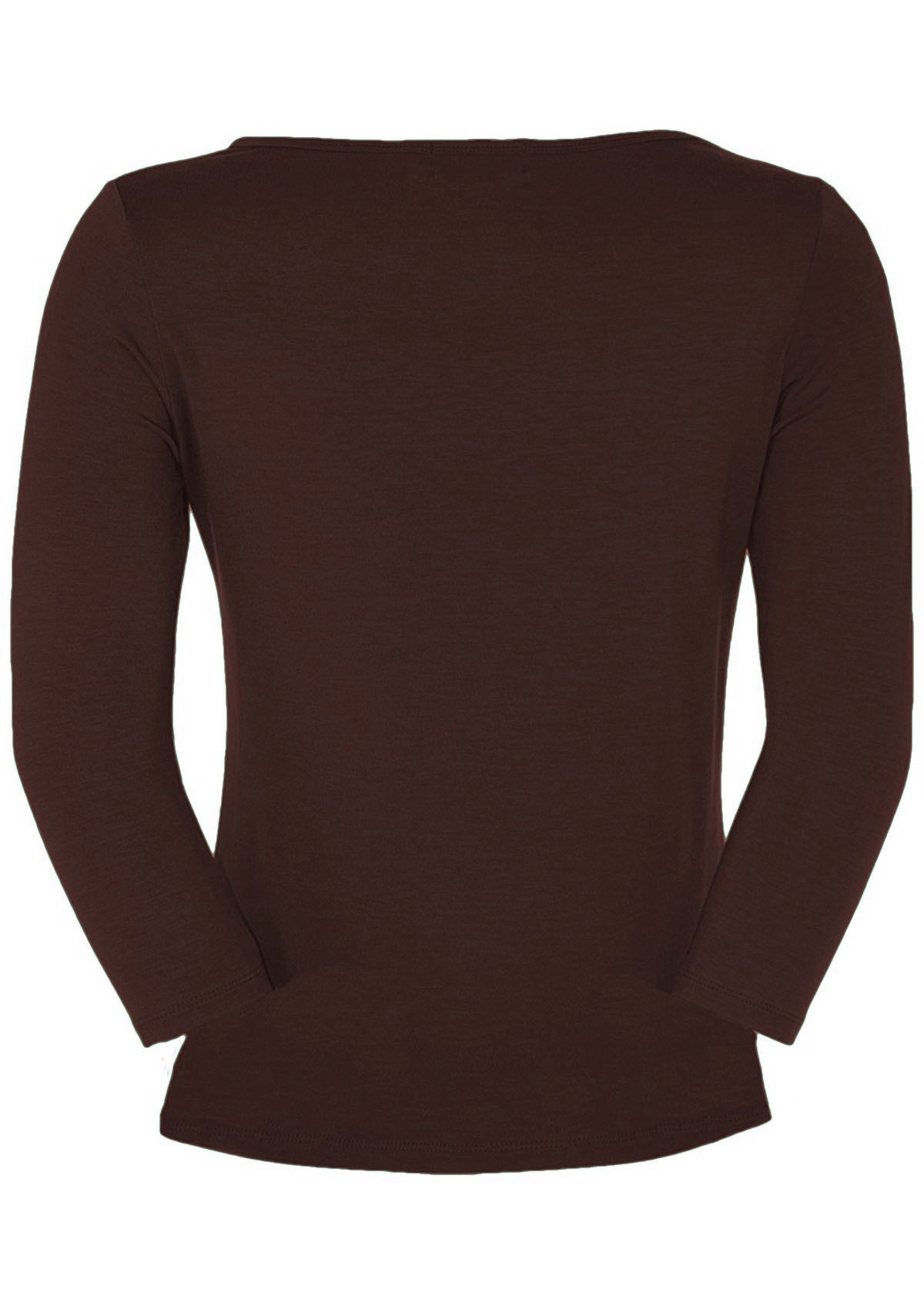 Back view of 3/4 sleeve soft, stretch rayon jersey top with boat neckline in dark brown