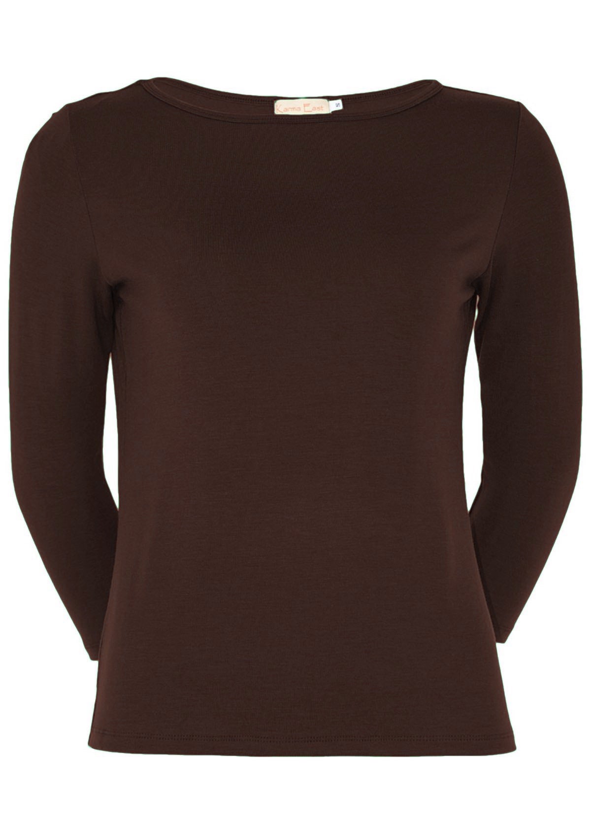 Front view of 3/4 sleeve soft, stretch rayon jersey top with boat neckline in dark brown